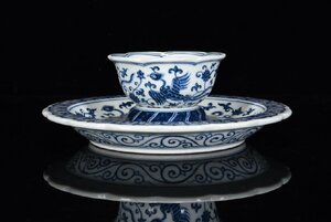 ◆古寳堂◆明 宣德年製款 青花 鳳紋 托杯 古陶瓷品 極細工 古置物 古擺件 中国古美術 時代物 古董品