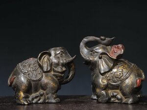 ◆古寳堂◆清 銅製 拓金 大象一對 置物 賞物 極細工 古置物 古擺件 中国古美術 時代物 古董品