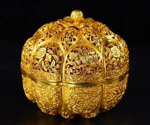 ◆古寳堂◆清 銅製 塗金 首飾盒 置物 賞物 極細工 古置物 古擺件 中国古美術 時代物 古董品