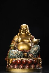 ◆古寳堂◆清 銅製 金鍍 彩繪 彌勒菩薩像 仏教古美術 供養品 極細工 古置物 古擺件 中国古美術 時代物 古董品