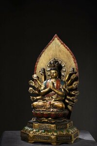 ◆古寳堂◆清 銅製 金鍍 彩繪 十八臂準提菩薩像 仏教古美術 供養品 極細工 古置物 古擺件 中国古美術 時代物 古董品