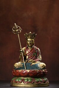 ◆古寳堂◆清 銅製 金鍍 彩繪 地藏王菩薩像 仏教古美術 供養品 極細工 古置物 古擺件 中国古美術 時代物 古董品