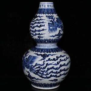 ◆古寳堂◆元 青花 鳳紋 ひょうたん瓶 古陶瓷品 極細工 古置物 古擺件 中国古美術 時代物 古董品