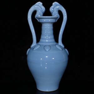 ◆古寳堂◆清 雍正年製款 天藍釉 雙耳瓶 古陶瓷品 極細工 古置物 古擺件 中国古美術 時代物 古董品