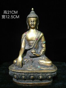 ◆古寳堂◆清 銅製 塗金 寶石嵌 釋迦摩尼像 仏教古美術 供養品 極細工 古置物 古擺件 中国古美術 時代物 古董品