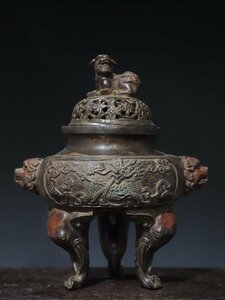 ◆古寳堂◆清 銅製 拓金 獅蓋熏香炉 置物 賞物 極細工 古置物 古擺件 中国古美術 時代物 古董品