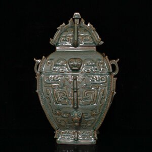 ◆古寳堂◆宋 龍泉 開片 四方蓋瓶 古陶瓷品 極細工 古置物 古擺件 中国古美術 時代物 古董品