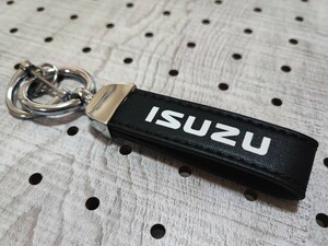 ISUZU ブラックレザー&銀メッキ キーホルダー カラビナ■いすゞ エルフトラック フォワード ビッグホーン 117クーペ ギガ ジェミニ