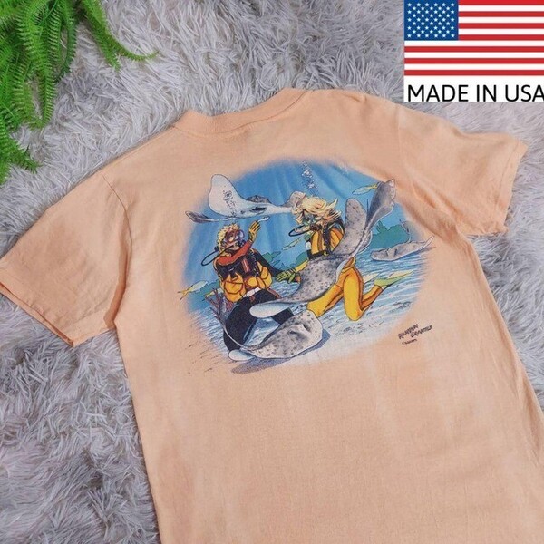 USA製 Stedman スキューバダイビング・胸ポケット付きTシャツ ライトオレンジ 80s 80年代 67900