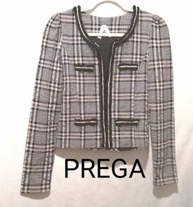 PREGA プレガ ノーカラージャケット フレア チェーン デザイン ブラックチェック