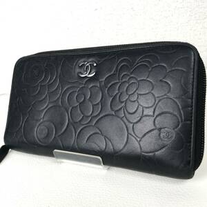 本物保証 1円~ 美品 CHANEL カメリア ココマーク ラウンドファスナー ジッピーウォレット 男女 ブラック 黒 長財布 中古 15番台 XWZ2