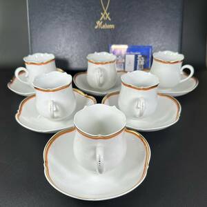 新品 マイセン 金彩 オレンジライン コーヒーカップ＆ソーサー6客共箱付、1級品