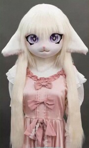 着ぐるみヘッド 猫 垂れ耳 クリーム 全頭ヘッド ケモノ マスク ファースーツ ぬいぐるみ コスプレ コスチューム