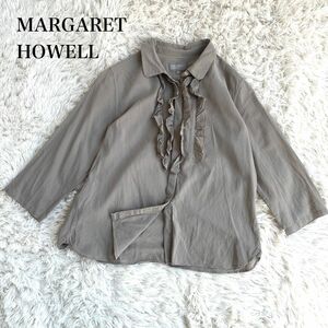 MARGARET HOWELL マーガレットハウエル フリル ブラウス 七分袖 グレージュ M