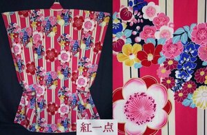 【KIRUKIRU】美品「紅一点」振袖 着物 身丈171cm 大正ロマン風 ピンク×白ストライプ 四季の花 レトロ 和装 着付け 呉服 成人式 結婚式