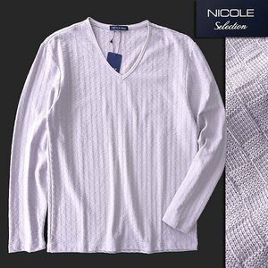 新品 ニコル 市松模様 Vネック 長袖 カットソー 50(XL) 薄紫 【I49565】 NICOLE Selection 春夏 メンズ Tシャツ ロンT サマー チェック