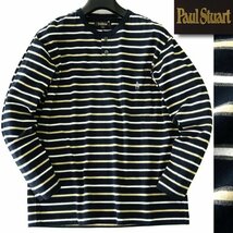 新品 ポールスチュアート ロゴ刺繍 ボーダー ヘンリーネック カットソー M 紺 【I55039】 Paul Stuart メンズ ロンT シャツ 長袖 コットン_画像1