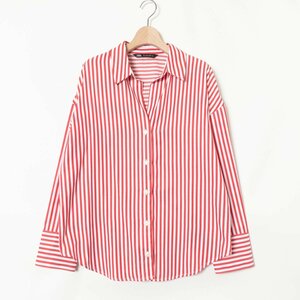 ZARA ザラ ストライプ柄 スキッパーシャツ 長袖 総柄 トップス カットソー 薄手 USA S ポリエステル レッド 赤 綺麗め モード カジュアル