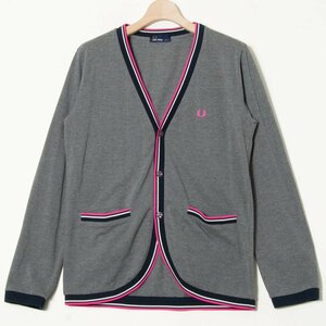 FRED PERRY フレッドペリー サイズL カーディガン ノーカラー 長袖 コットン混 灰色/グレー メンズ トップス 春夏 カジュアル 古着