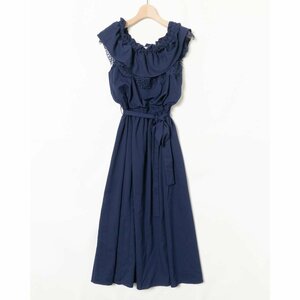 tocco closet トッコ クローゼット レースが覗く胸元フリル2WAYオフショルマキシ丈ワンピース Mサイズ ポリエステル100% ネイビー 紺