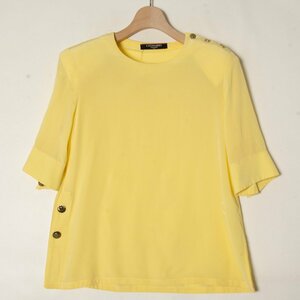 【1円スタート】LEONARD FASHION レオナール 半袖ブラウス 肩パッド トップス シルク100％ エレガント フェミニン 黄色 9R 無地 日本製