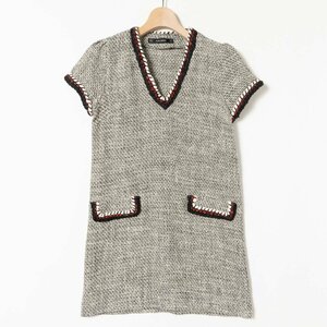 ZARA basic ザラベーシック ツイードワンピース ミニワンピース 半袖 Vネック XS ホワイト×ブラック 春 秋冬 上品 女性らしい レディース