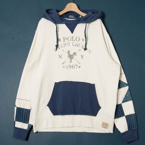 【1円スタート】Polo by Ralph Lauren ラルフローレン 裏起毛スウェットパーカー フーディー 綿ポリエステル カジュアル 秋冬 白×紺 L