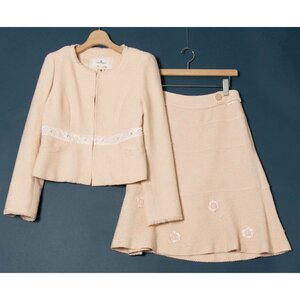 【1円スタート】courreges クレージュ セットアップ スーツ ノーカラージャケット 膝丈スカート かわいい フェミニン ピンク×ラメ 40/38