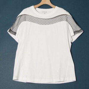 【1円スタート】メール便○ ESCADA SPORT エスカーダ チュール切替半袖Tシャツ カットソー トップス 綿100％ きれいめカジュアル 白 L 春夏