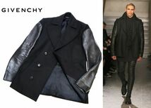 国内正規品 GIVENCHY MENS TISSU-CLOTH アーム レザー切替 P-JACKET ジバンシー ウール×レザー ジャケット ピーコート ブラック 46 JZ-9_画像1