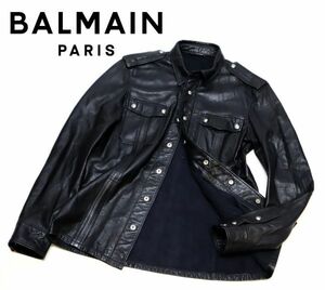 国内正規品 BALMAN MENS ラムスキン メタルボタン シャツジャケット バルマン LEATHER　SHIRT JACKET エポレット付き 黒 ブラック 41 K-4