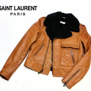 国内正規品 SAINT LAURENT PARIS 483856 ムートン×レザー ライダースジャケット サンローランパリ レザージャケット F34 ブラウン JZ -14の画像1