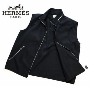 正規品 HERMES MENS ナイロン ジップアップジレ エルメス 収納フード NYLON GILET ベスト VEST 黒 ブラック XL イタリア製 JZ-27