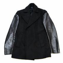 国内正規品 GIVENCHY MENS TISSU-CLOTH アーム レザー切替 P-JACKET ジバンシー ウール×レザー ジャケット ピーコート ブラック 46 JZ-9_画像2