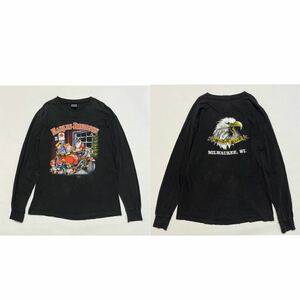 k324 90s ビンテージ アメリカ 製 Harley Davidson 3D ENBLEM 両面 Tシャツ サンタ 鷲 クリスマス L ブラック 黒 USA vintage ロンT