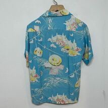 k329 50s 60s Surfriders ビンテージ オープンカラー アロハ シャツ 雀 藁 富士山 着物 和 柄 M ブルー スズメ vintage aloha shirt_画像5