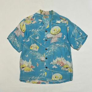 k329 50s 60s Surfriders ビンテージ オープンカラー アロハ シャツ 雀 藁 富士山 着物 和 柄 M ブルー スズメ vintage aloha shirt