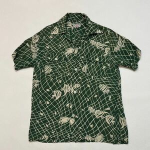 k334 50s ビンテージ Lion of Troy アロハ シャツ 魚 エンゼル フィッシュ S グリーン 緑 vintage aloha shirt ライオンオブトロイ