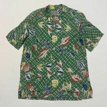 k337 50 年代 ビンテージ mister sport shirt アロハ シャツ 熱帯 魚 網 ヒトデ 貝 フィッシュ M グリーン 緑 aloha shirt 50s vintage_画像1