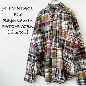 美品★90s★VINTAGE★Polo Ralph Lauren/ポロ ラルフローレン★長袖シャツ★チェック★パッチワーク★XL