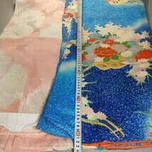 5655同梱NG☆振袖 長襦袢セット 正絹 金駒刺繍 花車 金彩流水青暈し 身丈166.5裄69袖丈110cmスターダスト 卒業成人式 1回使用アンティーク