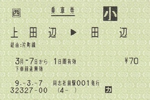 JR西日本 上田辺＞田辺 印発 小児専用 乗車券 未使用券 駅名改称最終日