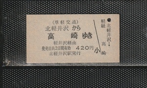 草軽交通 北軽井沢から 高崎ゆき A型 国鉄連絡 硬券乗車券 廃札(バス＞鉄道連絡)