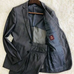 タケオキクチ　TAKEO KIKUCHI　スーツ　セットアップ　テーラードジャケット　M　グレー　ストレッチ　ストライプ　ウール　センターベンド