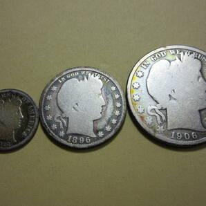 ２、アメリカ HALF QUARTER DOLLAR ONE DIME銀貨 １９０６・１８９６・１９１６年 ３枚 １９，４１ｇ の画像3