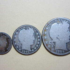 ２、アメリカ HALF QUARTER DOLLAR ONE DIME銀貨 １９０６・１８９６・１９１６年 ３枚 １９，４１ｇ の画像2