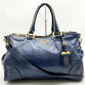 PRADA プラダ ショルダーバッグ トートバッグ 2WAY 斜め掛け バッグ ネイビー ブルー レザー レディース ファッション BN2324 USED