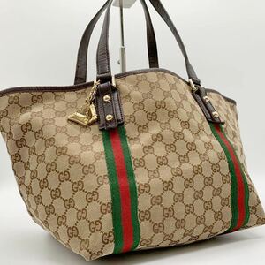 美品 1円 グッチ GUCCI トートバッグ キャンバス GG シェリーライン チャーム レザー 本革 ビジネス レディース ブラウン 茶色 バック