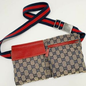 美品 GUCCI グッチ シェリーライン ボディバッグ ウエストポーチ ショルダーバッグ ベルト GGキャンバス レザー レッド 赤 ネイビー 1円