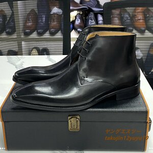 11万◆美品 メンズブーツ 本革 ショートブーツ イタリア製 レザーブーツ 職人手作り 紳士靴 マーティンブーツ高級牛革 革靴ブラック 28.0cm